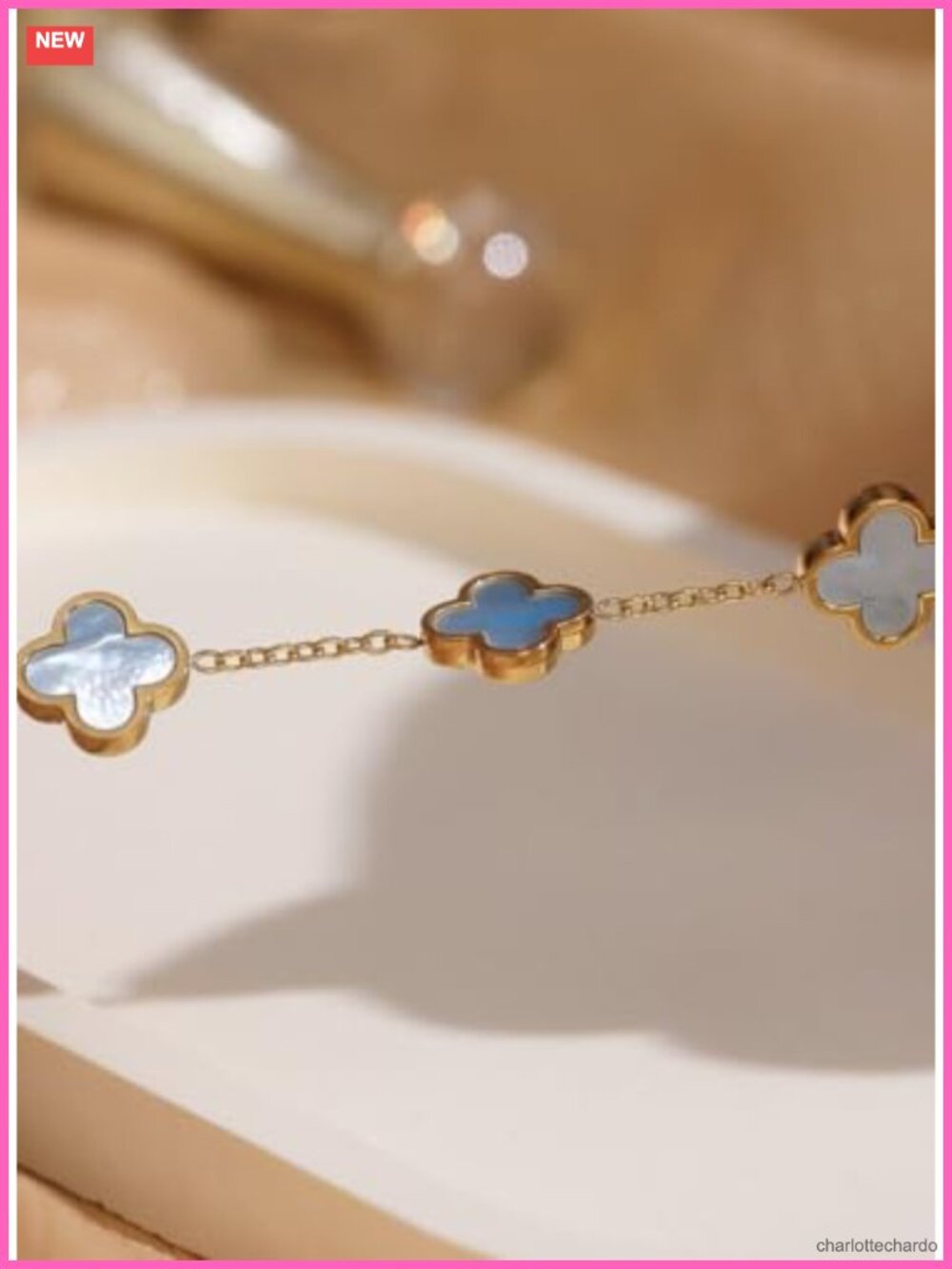Genuine Mother of Pearl Four Leaf Clover Bracelet, 18K Gold Plated Dainty - Picture 4 of 6